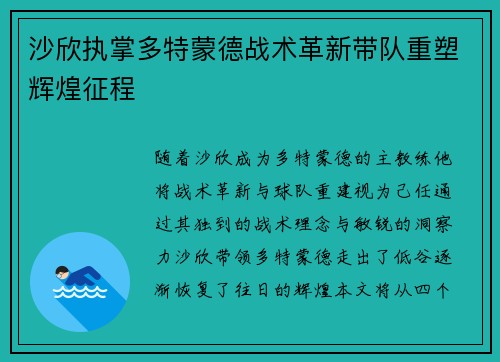 沙欣执掌多特蒙德战术革新带队重塑辉煌征程