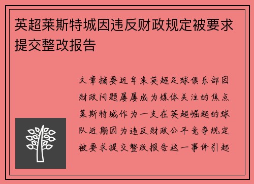 英超莱斯特城因违反财政规定被要求提交整改报告